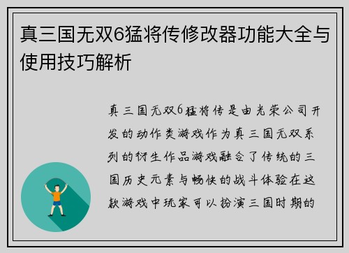 真三国无双6猛将传修改器功能大全与使用技巧解析